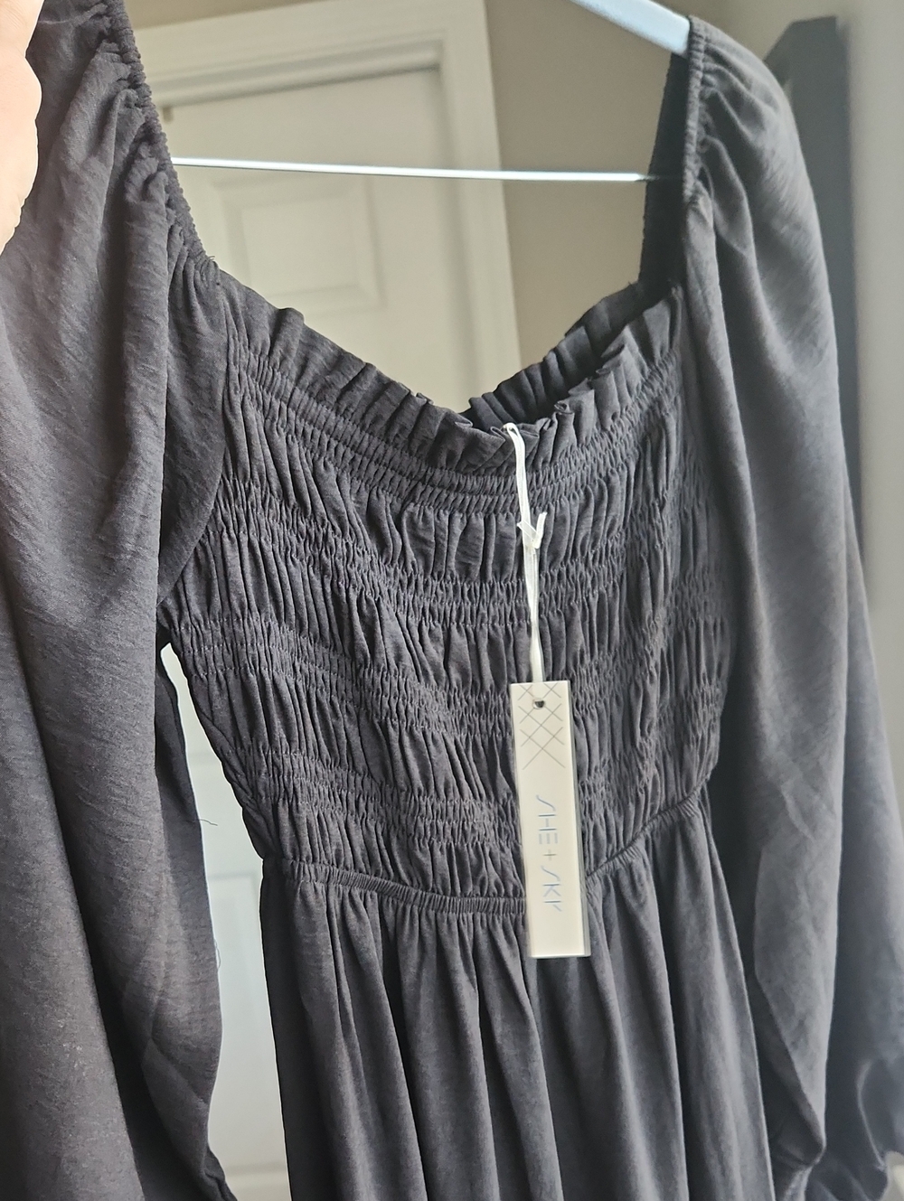 NWT She + Sky Black Smocked Long-Sleeve Maxi Dress